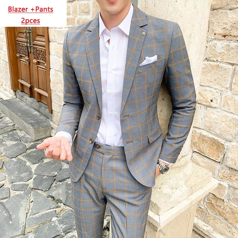 Blazer and Vest and Pants / Boutique Fashion Plaid Men's Casual Business Suit 3pcs Set Groom Wedding Dress Performance Costume