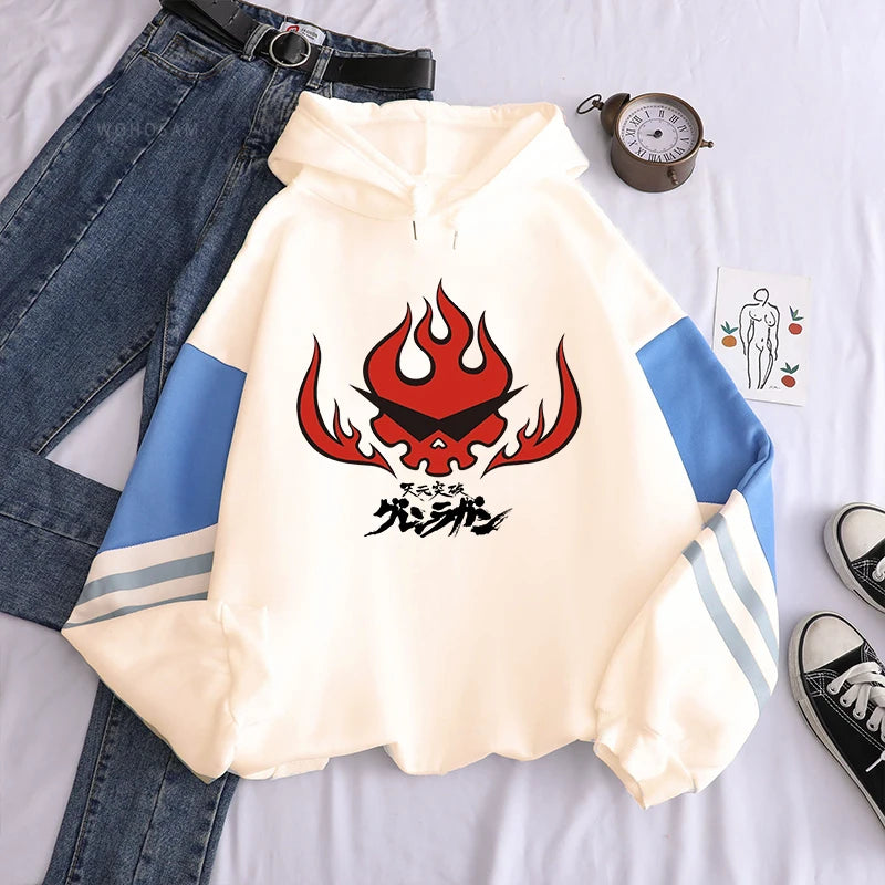 Anime Tengen Toppa Gurren Lagann Letter Hoodies Harajuku Flaming Skull Red Graphic Autumn Winter Warm Patchwork Sweatshirts