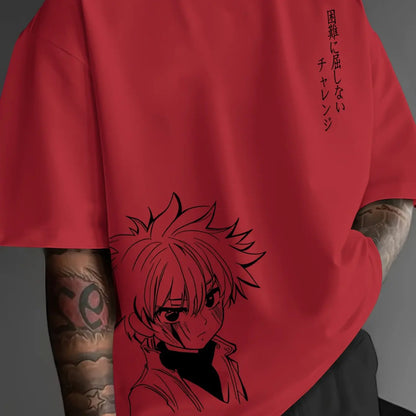 Men's 100% cotton fashionable casual loose fitting Japanese anime character pattern printed round neck short sleeved T-shirt top