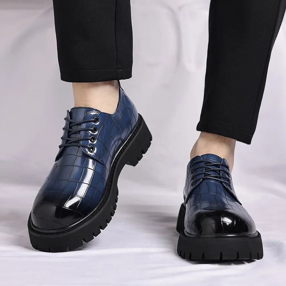 Business Formal Big Head Leather Shoes Men Spring Autumn Fashion Platform Shoes Male Lace Designer Stone Pattern Dress Shoes Man