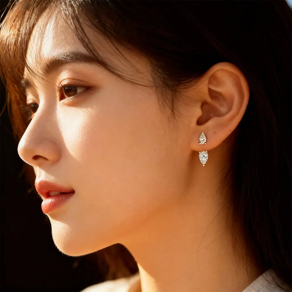 2-Stone Pear Cut Moissanite Diamond Earrings for Women 925 Sterling Silver Plated 18k Gold Waterdrop Earcuff Earring Detachable
