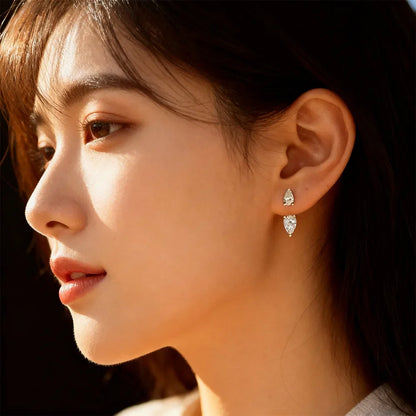 2-Stone Pear Cut Moissanite Diamond Earrings for Women 925 Sterling Silver Plated 18k Gold Waterdrop Earcuff Earring Detachable