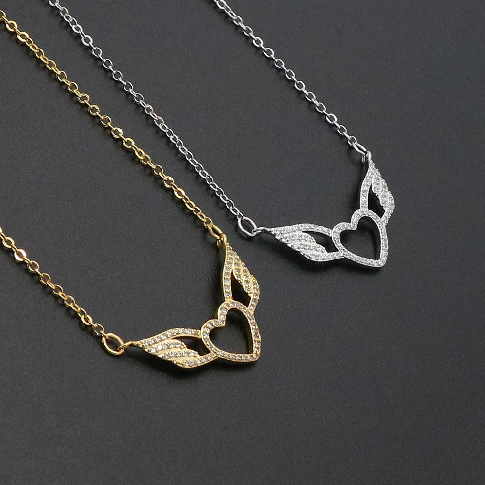 Delicate Women 24K Gold Plated Zircon Angel Wing Chain Pendant Necklace