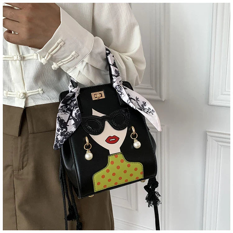Cartoon Girl Handbag High Quality PU Leather Shoulder Bag for Women Pearl Crossbody Bag Designer Messenger Bag Female Satchel