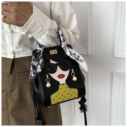 Cartoon Girl Handbag High Quality PU Leather Shoulder Bag for Women Pearl Crossbody Bag Designer Messenger Bag Female Satchel