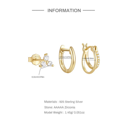 925 Sterling Silver 3PCS Zircon Double Layer Hoop Earrings For Women Minimalism Ins Earrings Fine Jewelry Party Gift
