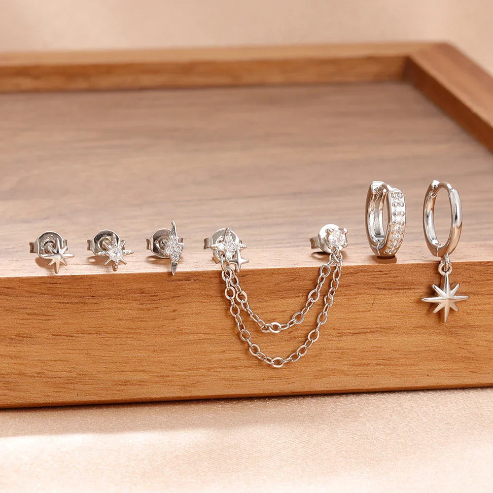 6PCS Fashion Cute Zircon Flower Ear Stud For Women Fashion 18K Gold Plated Star Ear Stud Earring Piercing Girl Set Jewelry Gift