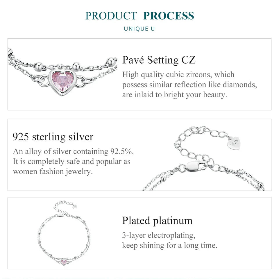 925 Sterling Silver Double Layer Bracelet Pink Heart Adjustable Round Beads Chain Link for Women Valentine's Day Gift