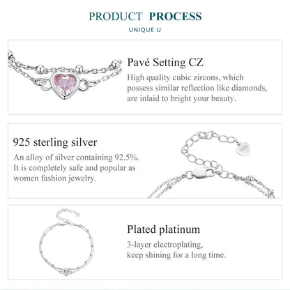 925 Sterling Silver Double Layer Bracelet Pink Heart Adjustable Round Beads Chain Link for Women Valentine's Day Gift