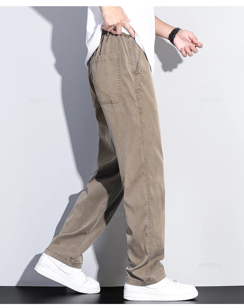 Summer New Upgrade Soft Lyocell Fabric Jeans Men Ultrathin Blue Elastic Waist Loose Straight Denim Trousers Male Plus Size 5XL