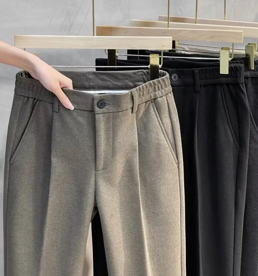Men's Woolen Straight Leg Casual Pants Autumn Winter Thickened Fashionable Nine Point Pants mid Waist Pure Color Anti-Wrinkle