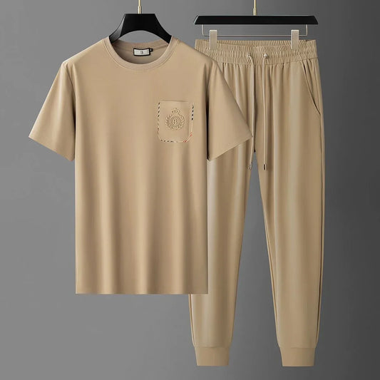 Summer New Fashion Trend Solid Color Short Sleeve T-shirt Set Men's Loose Sport Comfortable Breathable Large Size Two-Piece Set
