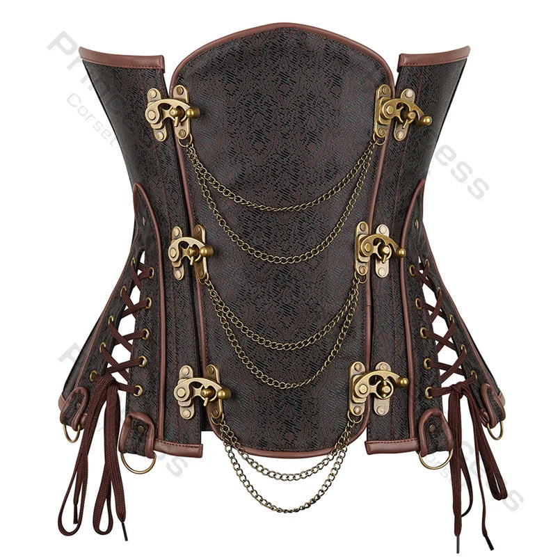 Steampunk Corsets for Women V-neck Gothic Corset Jacquard Corset Vest Cosplay Costume Pirate Corset Brown Black