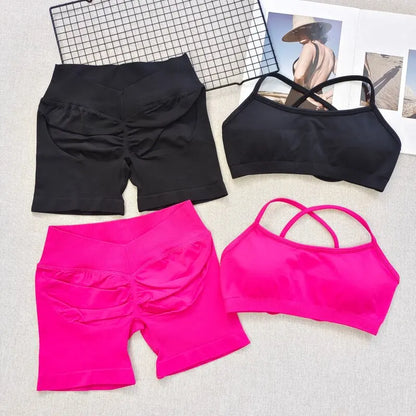 Women's Seamless Quick Dry Fitness Set Sports Bra And Hip Lifting V-Waist Yoga Shorts Pilates Training Clothing Gym Set