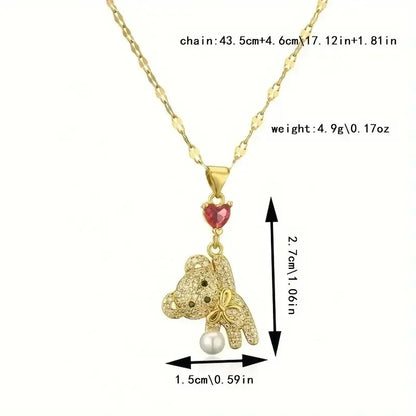 1 Piece Stainless Titanium Steel Chain Cute Bow Red Love Heart Balloon Bear Pendant Necklace Women's Romantic Jewelry Girls Gift
