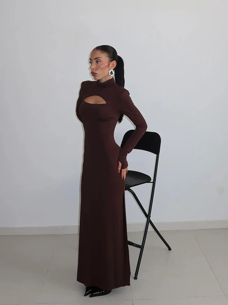 Sheath Women's Maxi Dresses Solid Turtleneck Regular Long Sleeves Hollow Out Slim Fit Bodycon Party Vestidos Robes