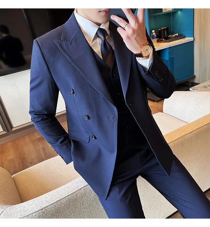 (Jackets+Pants) Luxury Double Breasted Design Slim Fit Suit High Quality Fashion Men's Wedding Social Suit Tuxedo 2 Piece Set