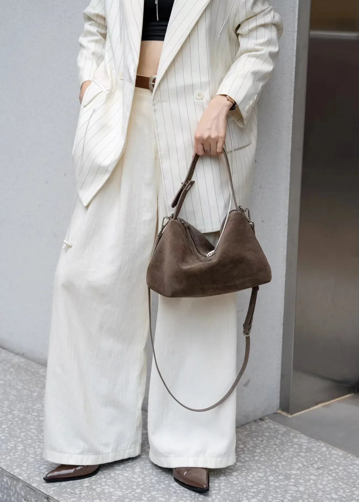 Genuine Leather Fashion Autumn Winter Boston Tote Soft Matte Suede Cow Leather Women's Handbag Shoulder Crossbody Bag For Women