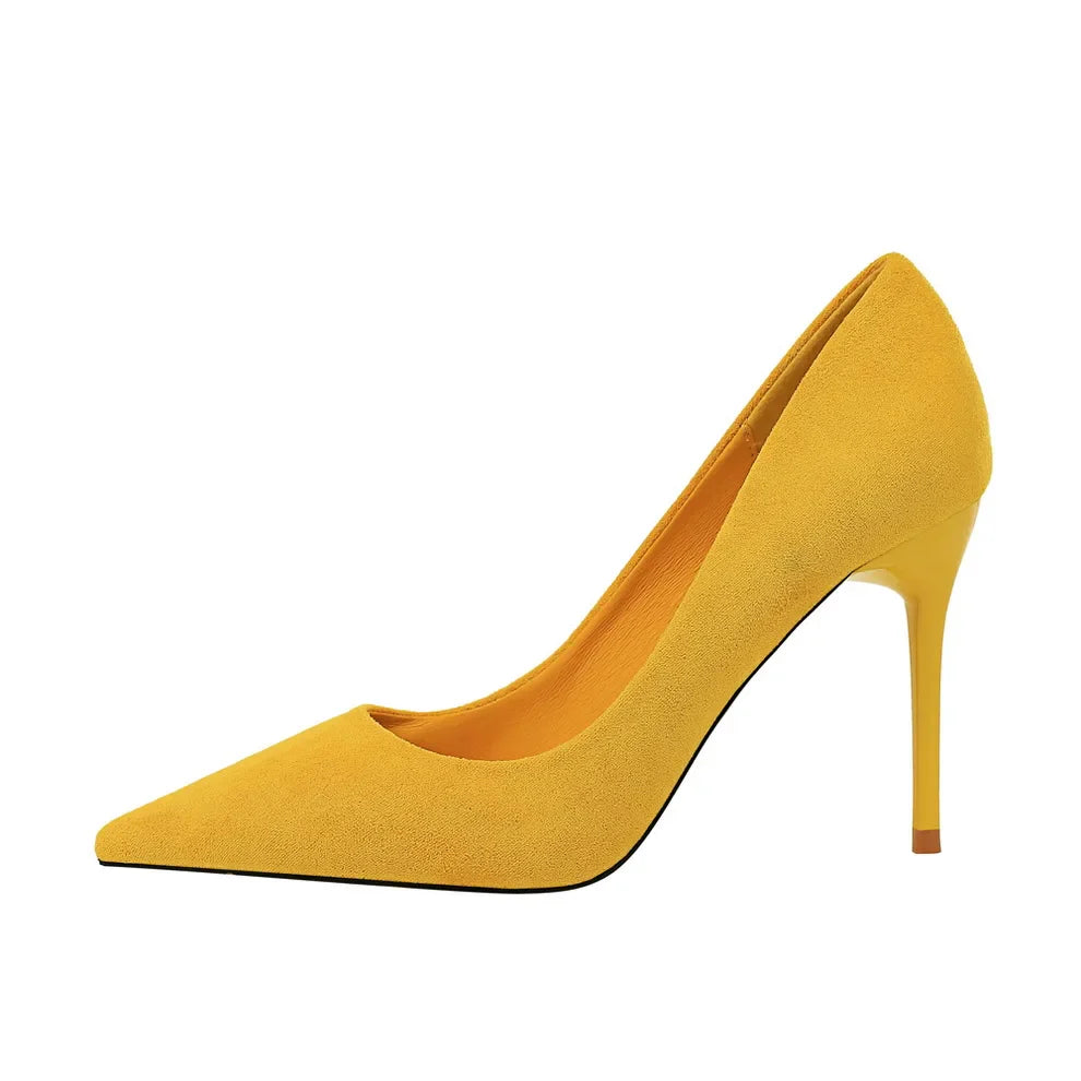 Women 9cm High Heels Pumps Stripper Flock Suede Plus Size Escarpins Lady Wedding Bridal Heels Escarpins Green Blue Yellow Shoes