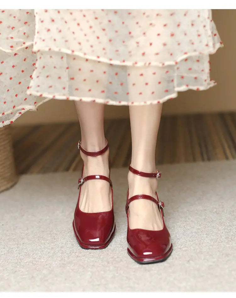 2024 New Mary Jane Shoes High Quality Leather Shoes Shallow Square Toe Womens Sandals Buckle Strap Women's Pumps