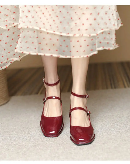 2024 New Mary Jane Shoes High Quality Leather Shoes Shallow Square Toe Womens Sandals Buckle Strap Women's Pumps
