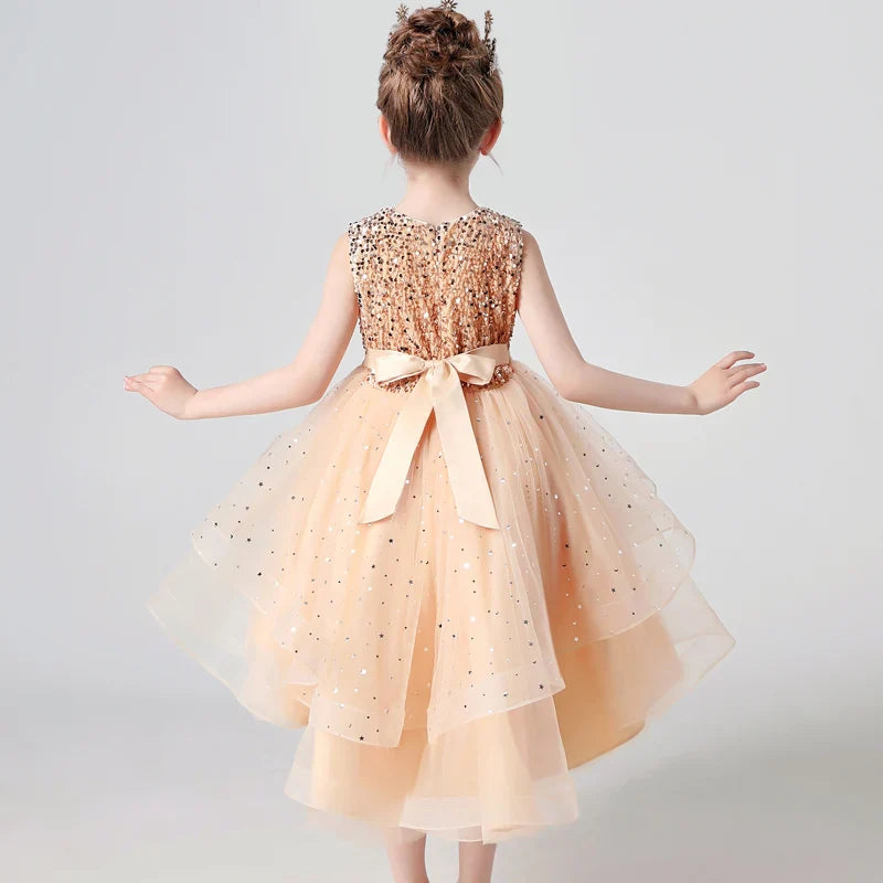 Summer Sequin Lace Tuxedo Wedding Dress for girls 3-13 years old Sleeveless fluffy Mesh gauze Doveark brand