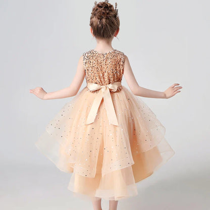 Summer Sequin Lace Tuxedo Wedding Dress for girls 3-13 years old Sleeveless fluffy Mesh gauze Doveark brand