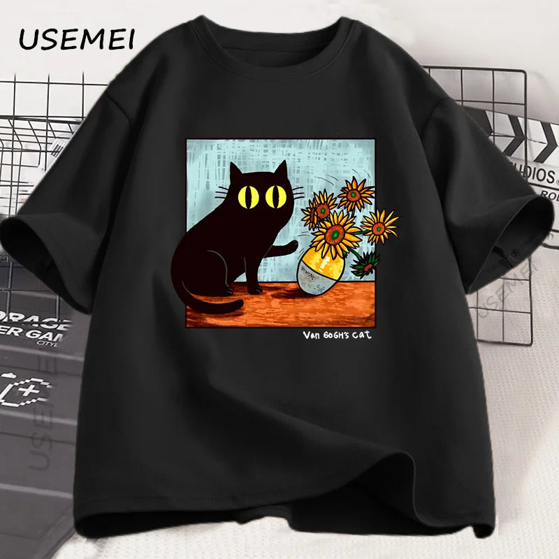 T Shirts Men Women Flower Black Cat T-shirt Round Neck Cotton Short Sleeve Trendy Tee Shirt Streetwear