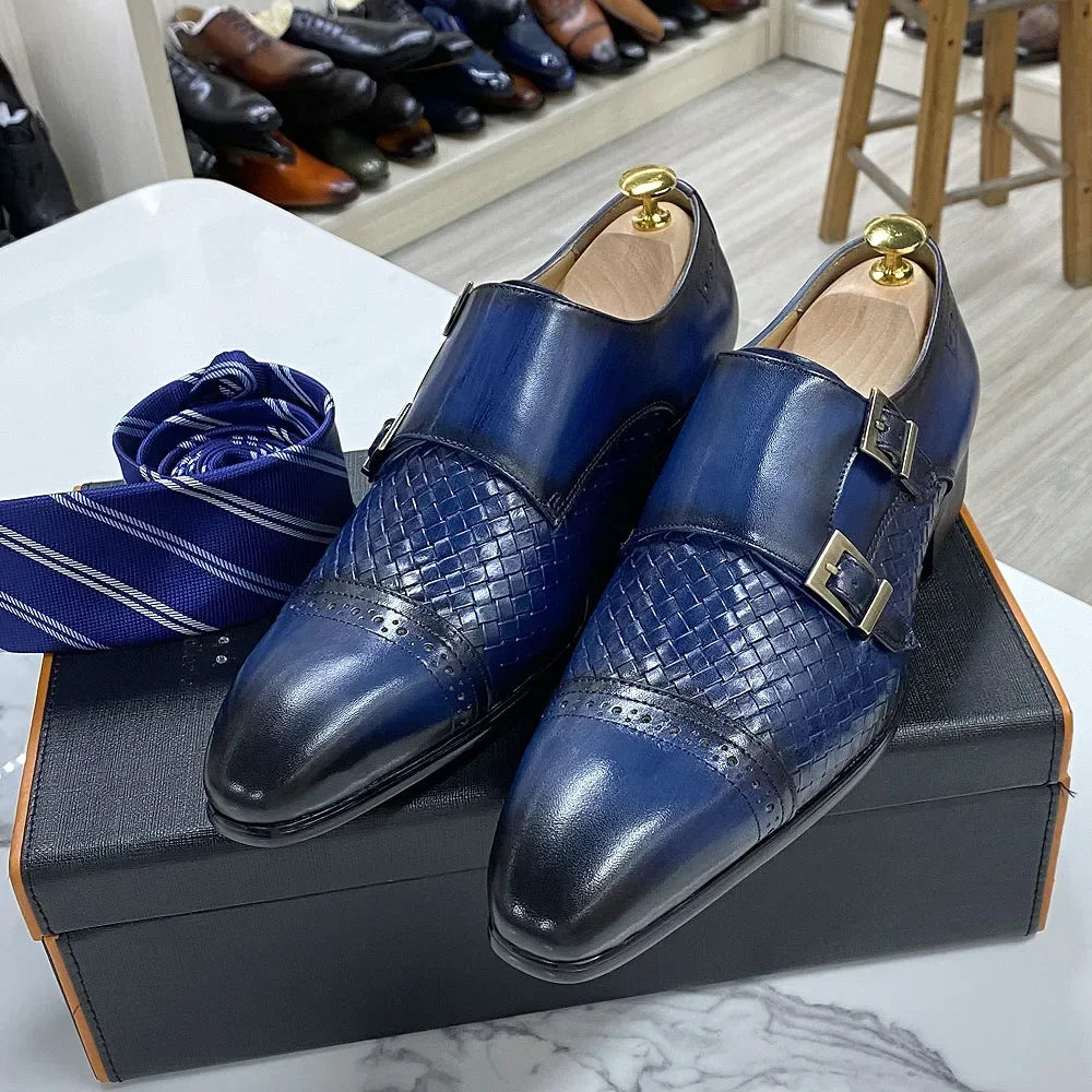 Classic Mens Dress Shoes Genuine Leather Double Buckle Monk Strap Cap Toe Blue Black Wedding Business Formal Suit Shoes for Men