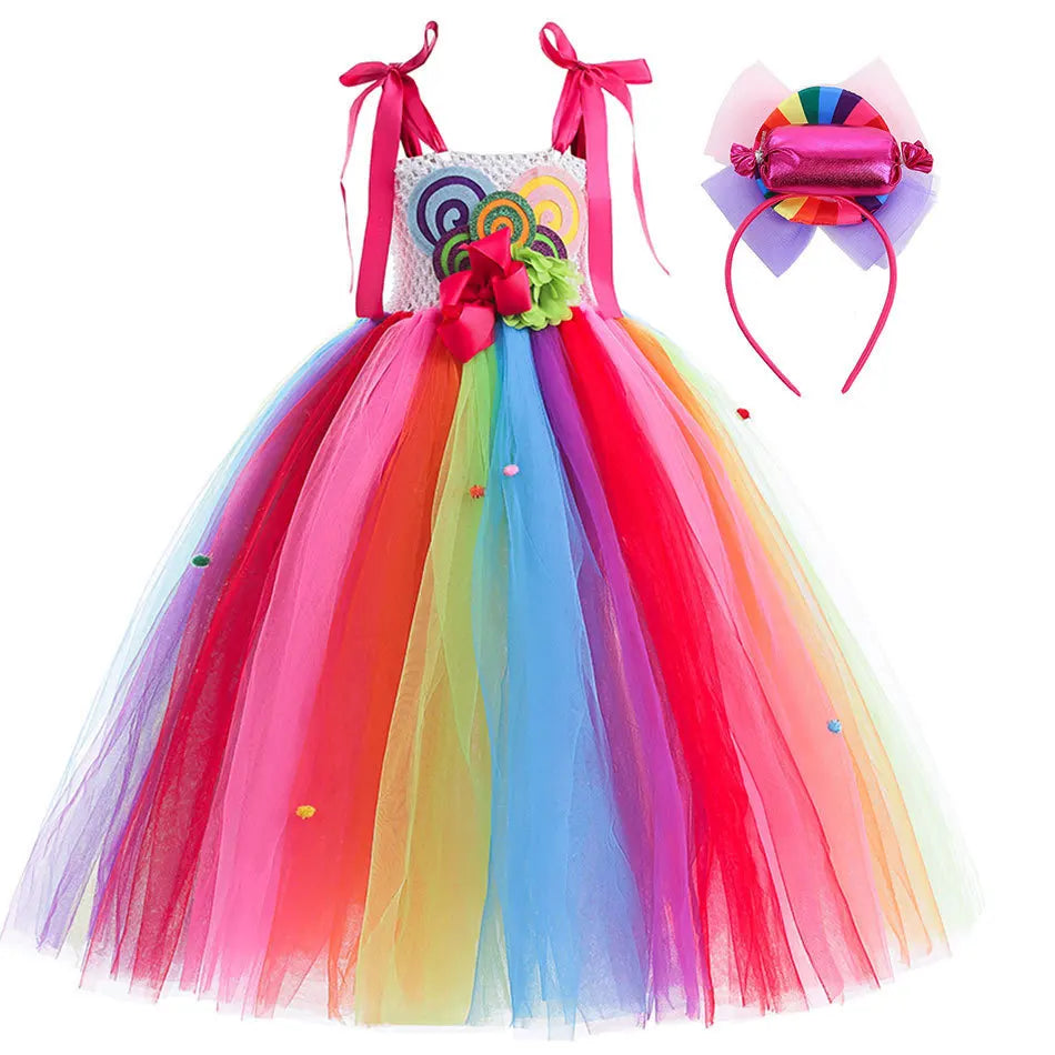 2026 New Candy Dress For Baby Girl Purim Carnival Birthday Costume Fancy Rainbow Short Sleeve Cute Dress + Accessories Set