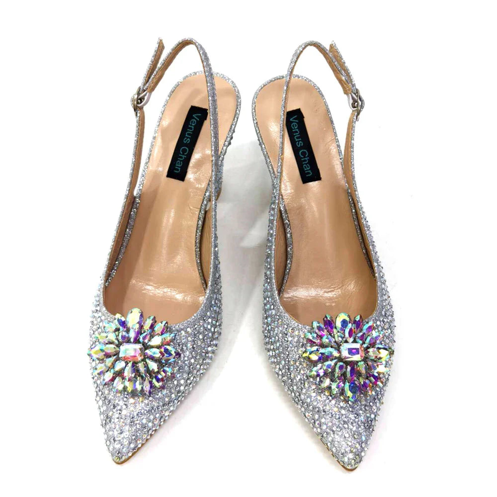 INS Style Green Party Shoe and Bag Set in Women Pointed-Toe Rhinestone High Heels Elegant African Ladies Shoes
