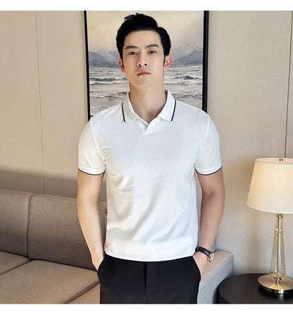 Business Casual Solid Color Men's Polo Shirt, 2024 Summer Classic, Men Short Sleeve V-neck T-shirt, Slim Fit Spliced Polo 4XL-M