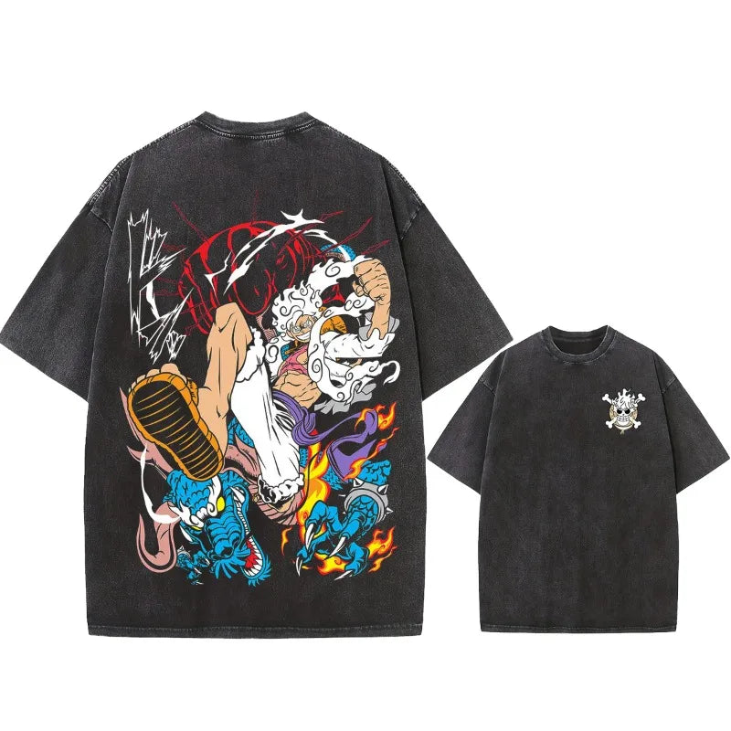 Summer Men's Washes T-shirts Japanese Anime ONE PIECE Buggy Graphic Clothing Harajuku Y2K Oversized 100% Cotton Half-sleeve Tops