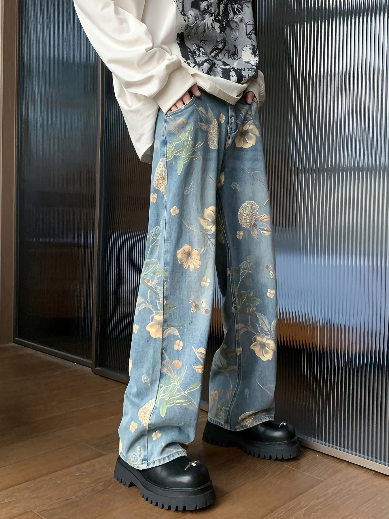 High-Quality Large-Flower Jeans, Summer Thin Style, 2025 New High-Waisted Slimming Straight-Leg Loose Wide-Leg Pants