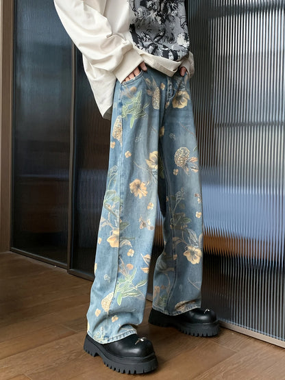 High-Quality Large-Flower Jeans, Summer Thin Style, 2025 New High-Waisted Slimming Straight-Leg Loose Wide-Leg Pants
