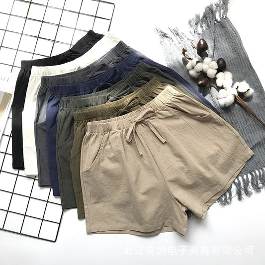 Women's Cotton Linen Shorts - High Waist Summer Sports Shorts, Solid Color Casual Basic Pants, Plus Size Fashion Black Shorts