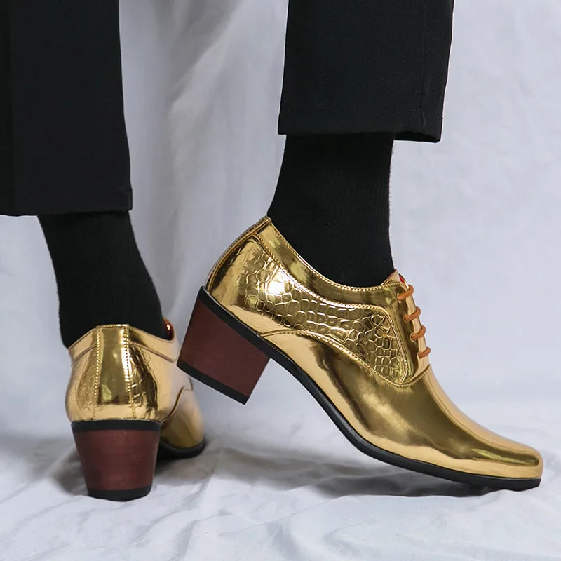 New 2025 Luxury Gold Men High Heel Leather Shoes Moccasins Designer Pointed Dress Shoes Men Wedding Formal Shoes Big Size 46
