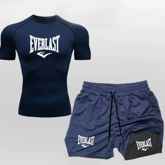 Men's Compress Shirt + 2-in-1 sports shorts 2pcs Set Leisure Breath Short Sleeve Sport Jogging Gym Brand Print Clothing