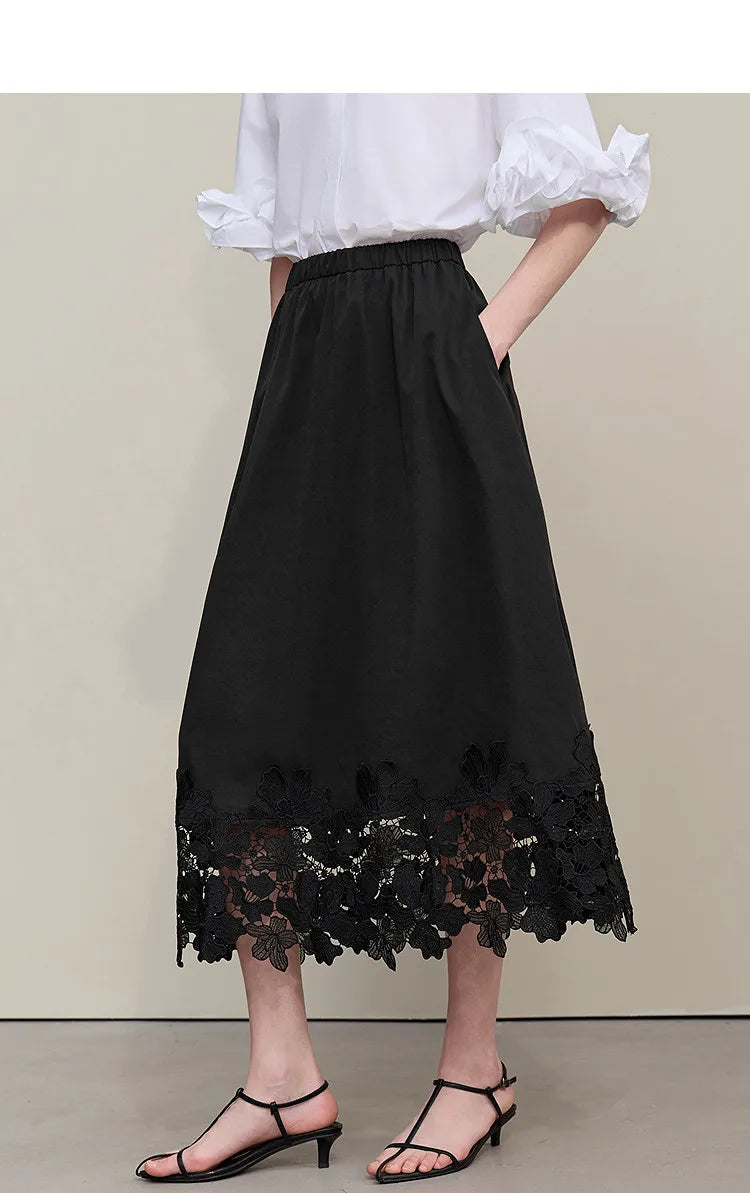 Women's Skirt 2026 Summer New Elastic Waist Cutout Lace Hem Midi Casual Loose Fit Floral Trim Skirt For Women 12622106