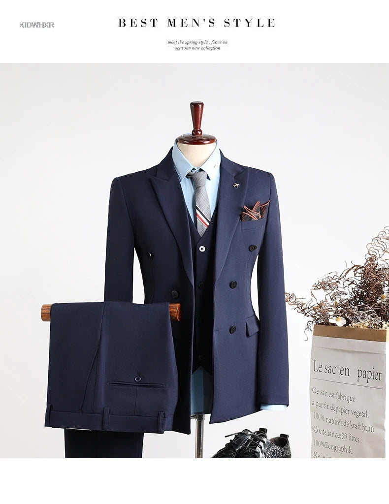 Man Suit Outfit Double-breasted Blazer Men V-neck Vest Straight-leg Pant Male Slim Business Wedding Three-piece Set