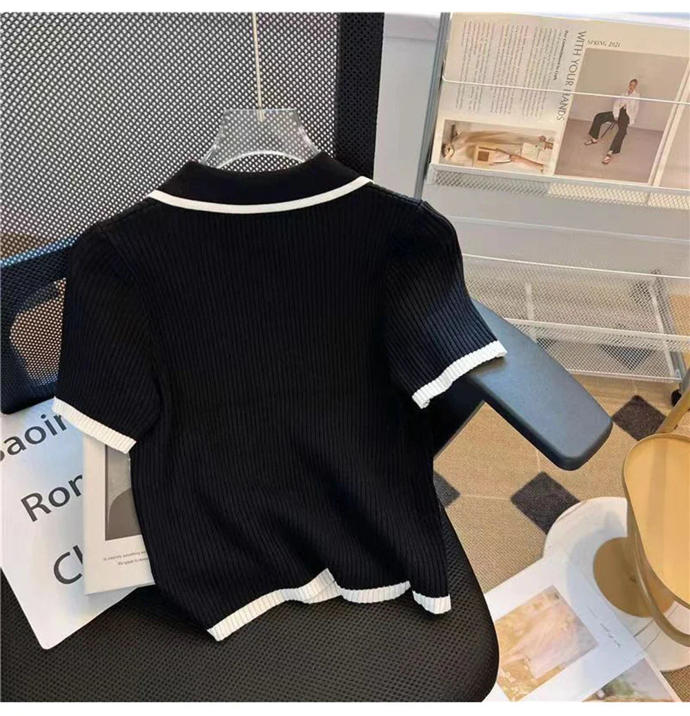 Ice silk knitted short sleeved T-shirt for women's summer 2024 new fashionable and stylish polo shirt top