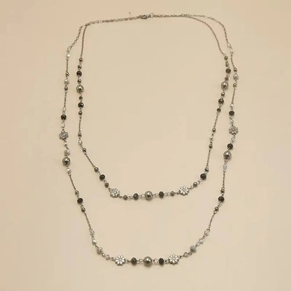 Bohemian Double-layer Flower Necklace Long Beaded Sweater Chain Y2K Style Stackable Geometric Necklace