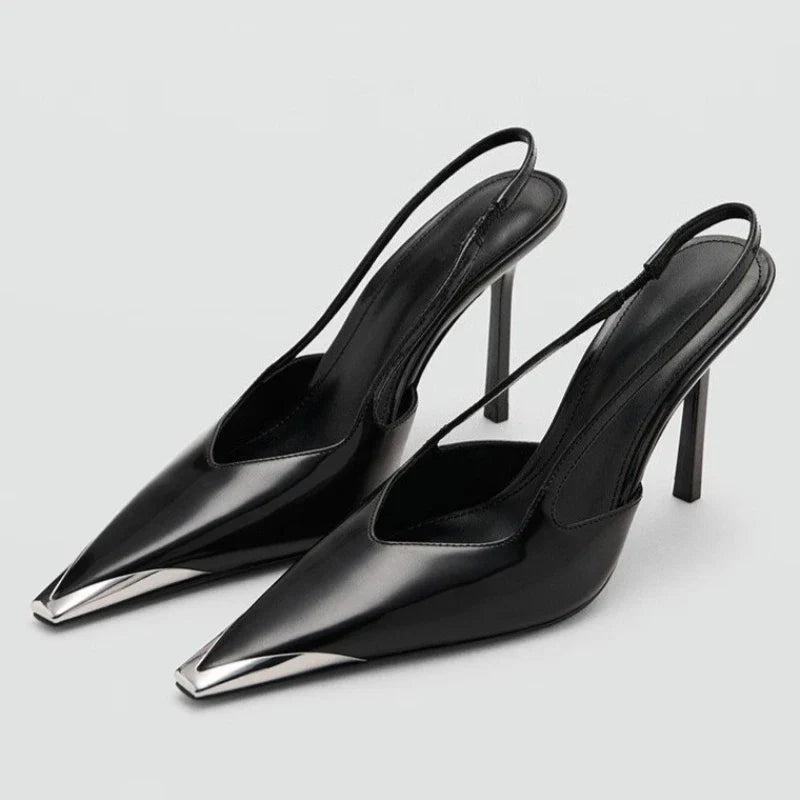 Novelty Metal Pointed Toe High Heels Women 2026 New Elegant Slingback Heeled Sandals Sexy Black Patent Leather Designer Shoes