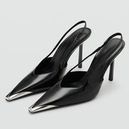 Novelty Metal Pointed Toe High Heels Women 2026 New Elegant Slingback Heeled Sandals Sexy Black Patent Leather Designer Shoes