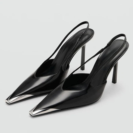 Novelty Metal Pointed Toe High Heels Women 2026 New Elegant Slingback Heeled Sandals Sexy Black Patent Leather Designer Shoes