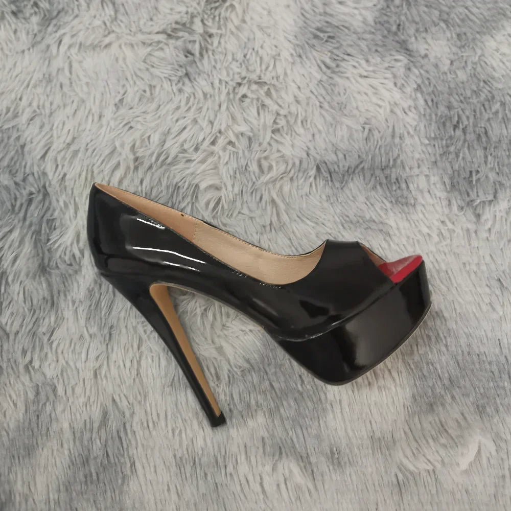Women Pumps Sexy Peep Toe Platform 14cm Super High Heels Patent Leather Shoes Red Wedding Stilettos Large Size 44