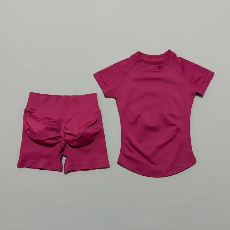 2 Piece Gym Sets Women Seamless Short Sleeve Top Butt Lifting Shorts Workout Fitness Running Sports Yoga Tracksuit