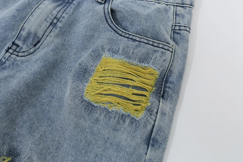 Chinese Painting Embroidered Patch Denim Ripped Jeans for Men Streetwear Pleated Tassels Distressed Destroyed Jean Straight Male