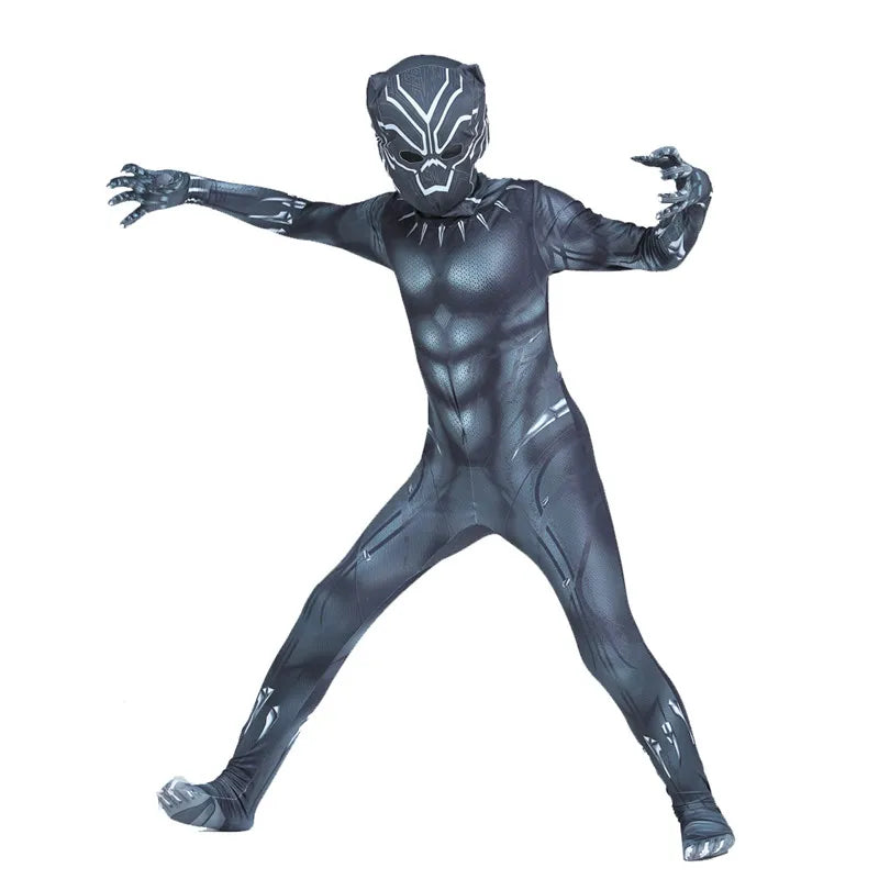 Kids Black Panther Jumpsuit with Halloween Mask Superhero Costume for Boys Girls Soft Breathable Fabric Party Dress Up Cosplay
