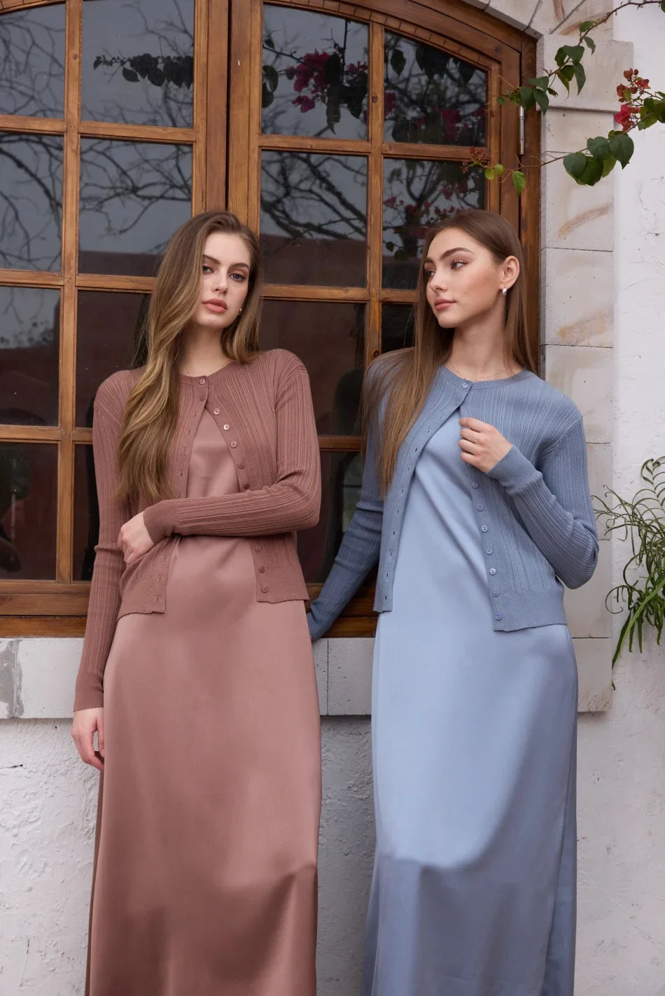 Lace slip satin dress + lace satin skirt +knitting vest + knitting cardigan collection woman dressy outfit